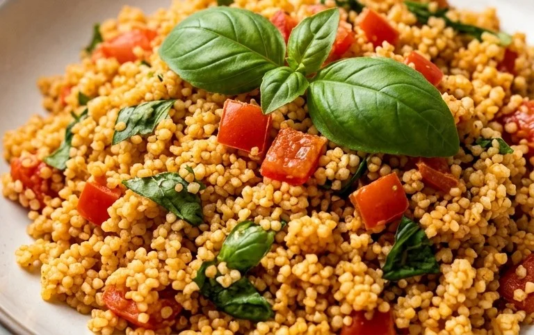 Healthy One-Pan Couscous With Garlic, Tomatoes And Basil