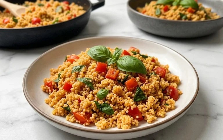 Healthy One-Pan Couscous With Garlic, Tomatoes And Basil