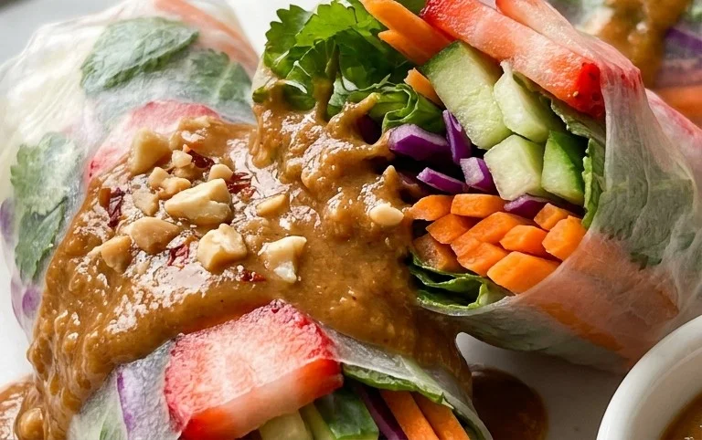 Rainbow Spring Rolls with Gin Extractger Peanut Sauce