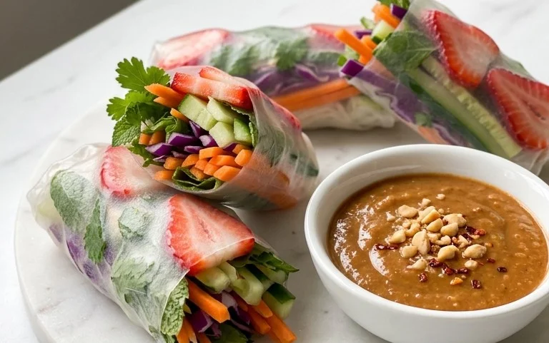 Rainbow Spring Rolls with Gin Extractger Peanut Sauce