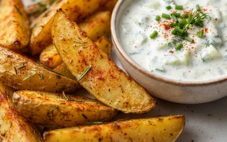 Kartoffelspalten mit Gurkendip
