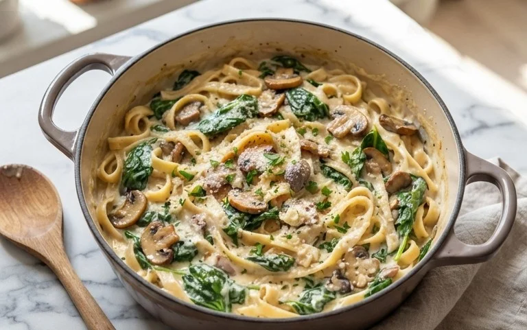 One-Pot Garlic Parmesan Pasta with Spinach and Mushrooms