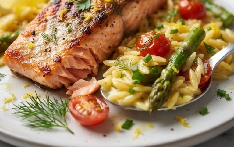 One Skillet Salmon with Lemon Orzo