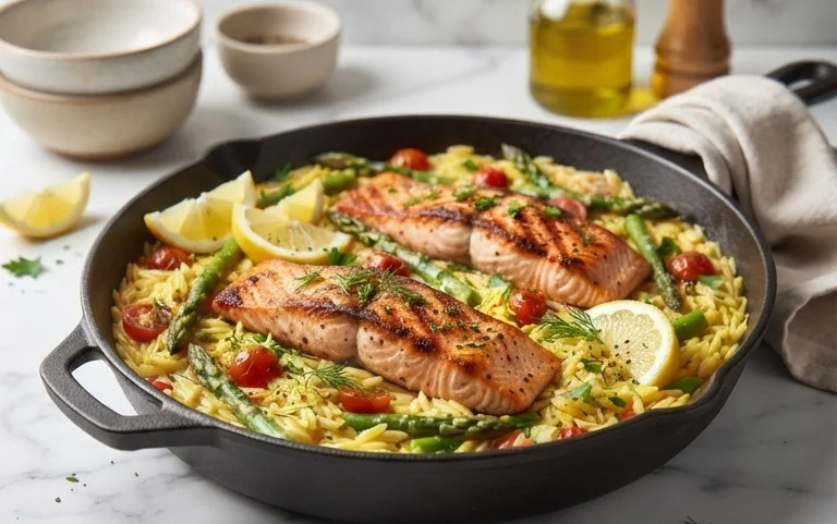 One Skillet Salmon with Lemon Orzo