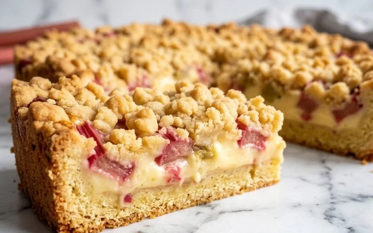 Rhabarberkuchen mit Pudding und Streuseln – wie von Oma