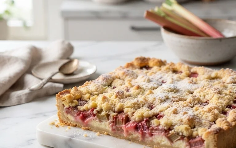 Rhabarber Quarkkuchen mit Butterstreuseln